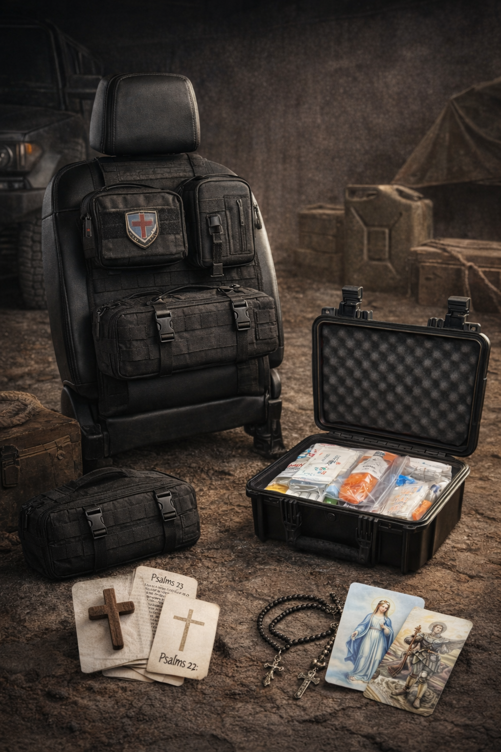 Vehicle seatback kit with accessory case and optional faith items laid out.